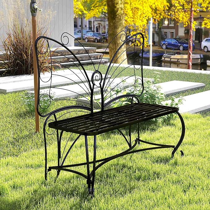Outdoor Bench Patio Outdoor Garden Bench Butterfly Cast Iron Metal Patio Bench, Outdoor Chair Slatted Seat and Butterfly Pattern Backrest for Outside, Front Porch, Park, Lawn, Backyard and Balcony