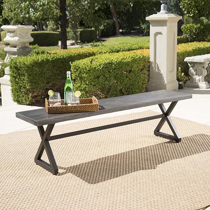 Christopher Knight Home Rolando Outdoor Aluminum Dining Bench with Steel Frame, Grey / Black - Photo 2