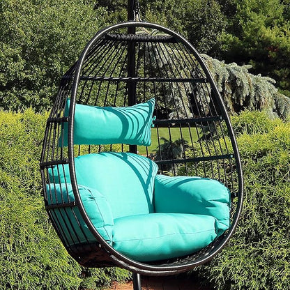 Sunnydaze Dalia Black Steel and Polyethylene Wicker Hanging Egg Chair with Teal Polyester Seat Cushions - 45-Inch Tall