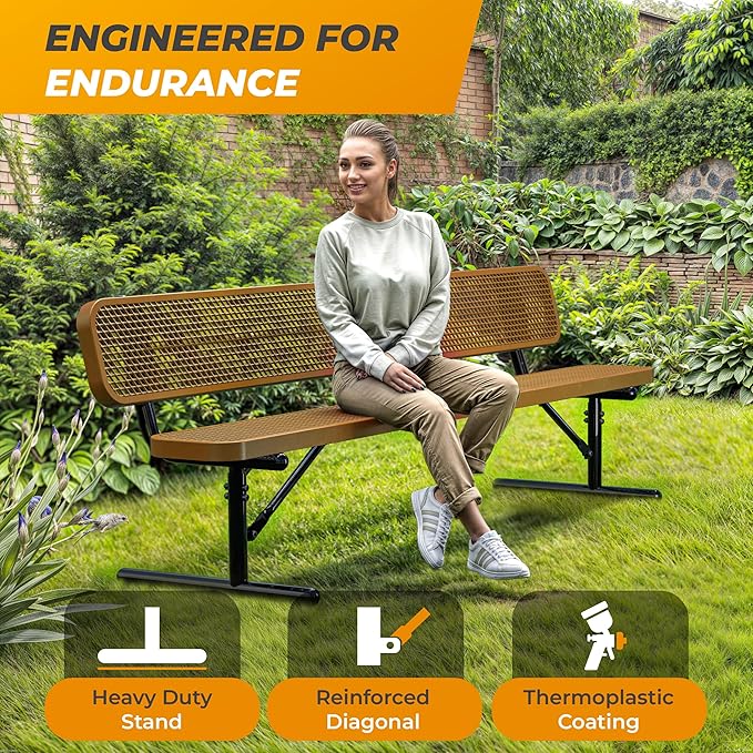 Heavy-Duty Outdoor Metal Bench, Thermoplastic-Coated, Portable, Weatherproof, Commercial-Grade for Parks, Gardens, Patios, Stores & More (8 Ft - Portable with Back, Brown)