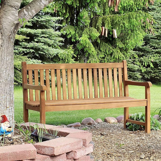 Sunnydaze 2-Person Outdoor Bench for Front Porch or Park - Wooden Teak Patio Garden Bench with Backrest - 675 lb Weight Capacity - 60"