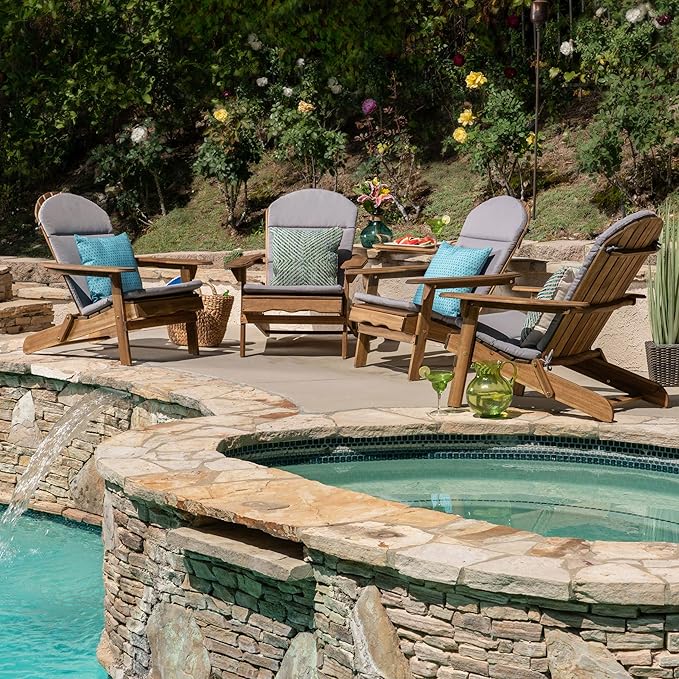Christopher Knight Home 304695 Amenda Outdoor Acacia Wood Folding Adirondack Chairs with Cushions (Set of 4), Natural and Gray