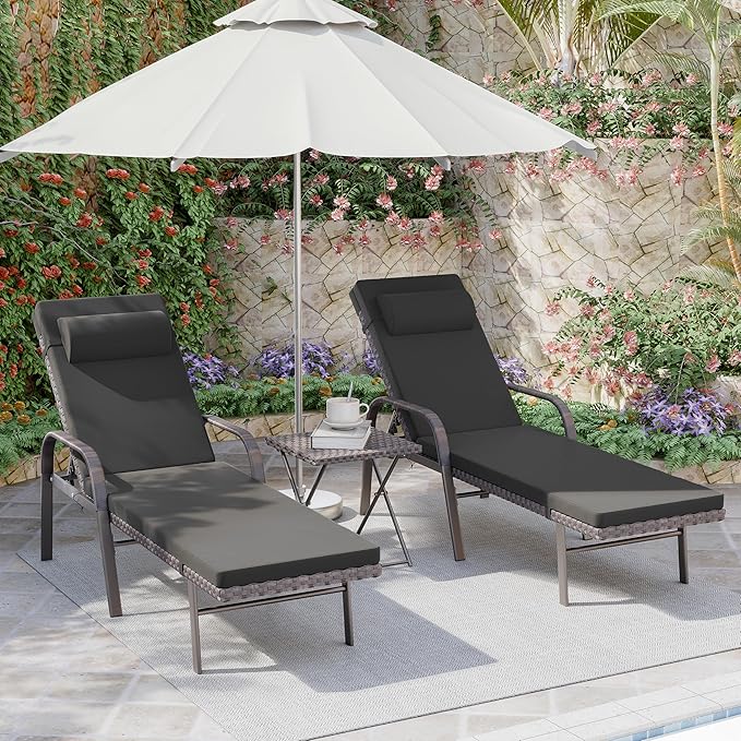3 Pieces Patio Chaise Lounge Set Outdoor PE Rattan Armrest Lounge Chair Adjustable Backrest Reclining Chair with Folding Table and Cushion for Patio Poolside Backyard Porch Beach(Black)