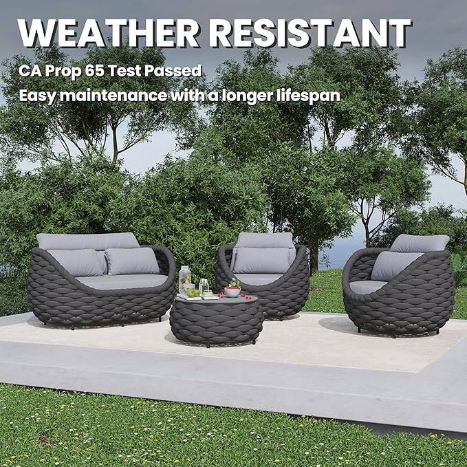 Short Round Patio Coffee Table: Hand Woven Rope Side Tables Assembled - Aluminum Outdoor Accent Table Modern - Metal Porch Furniture for 176lbs Deck Garden Balcony Hotel φ25.6''/65cm, Dark Gray