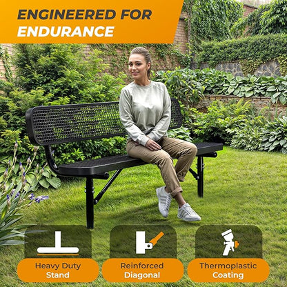Heavy-Duty Outdoor Metal Bench, Thermoplastic-Coated, Inground, Weatherproof, Commercial-Grade for Parks, Gardens, Patios, Stores & More (6 Ft - Inground with Back, Black)