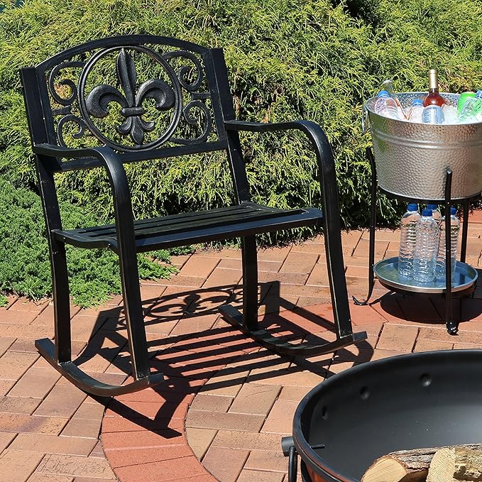 Sunnydaze Outdoor Rocking Chair for Lounging – Durable Metal Patio Chair with Cast Iron & Steel Frame – Ideal for Backyard, Lawn, or Garden – 275lb Capacity