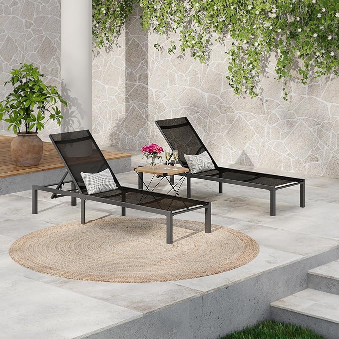 Christopher Knight Home Patio Chaise Lounges Set of 2, Aluminum Adjustable Lounge Seating, 5-Position Backrest Recliner, Mesh Design Chaise, Flat Tanning Chair for Poolside Balcony Backyard, Black