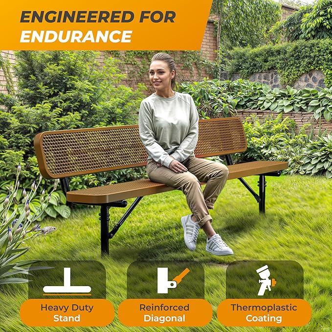 Heavy-Duty Outdoor Metal Bench, Thermoplastic-Coated, Inground, Weatherproof, Commercial-Grade for Parks, Gardens, Patios, Stores & More (8 Ft - Inground with Back, Brown)