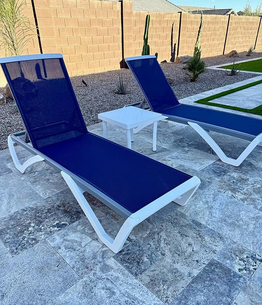 PURPLE LEAF Patio Chaise Lounge Chair Set of 3 Outside Aluminum Plastic Stackable Tanning Chairs for Pool Sunbathing Beach Deck Outdoor Lounger, Navy Blue