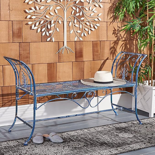 Safavieh PAT5016C Outdoor Collection Adina Antique Blue Wrought Iron 51-inch Garden Bench