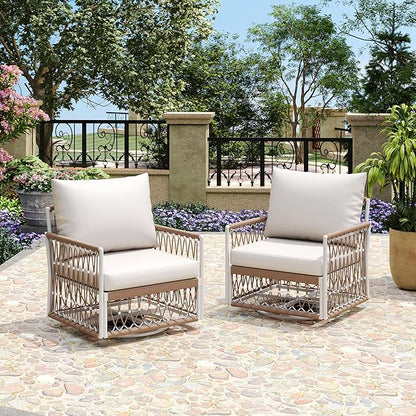 Christopher Knight Home Fiora 360° Swivel Patio Chairs Set of 2 with Handwoven Rope, Powder-Coated Steel Frame Outdoor Lounge Chairs, Patio Seating with Waterproof Cushions, Beige + Natural