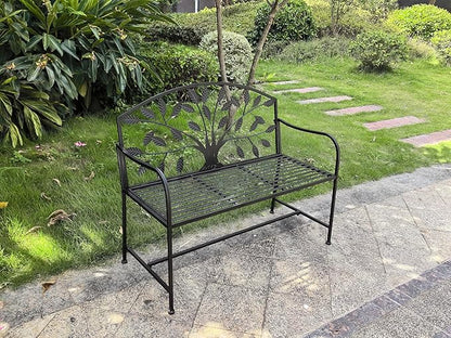Hi-Line Gift Ltd. 42in Metal Garden Bench Tree Pattern-Black Patio Yard Seat