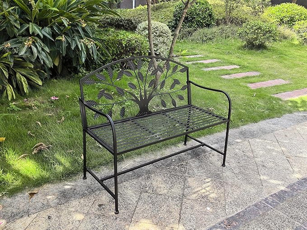Hi-Line Gift Ltd. 42in Metal Garden Bench Tree Pattern-Black Patio Yard Seat