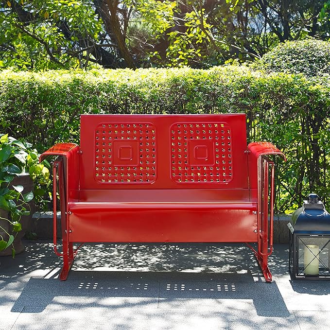 Crosley Furniture Bates Retro Metal Outdoor Loveseat Glider, 2-Person Rocking Patio Bench for Porch, Deck, Bright Red Gloss