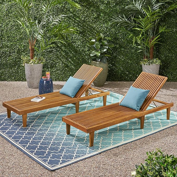 GDFStudio Outdoor Wooden Chaise Lounge, Set of 2 with Teak Finish