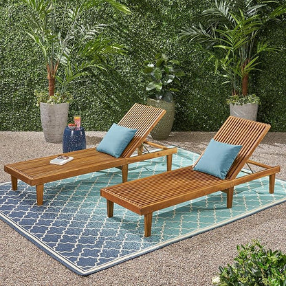 GDFStudio Outdoor Wooden Chaise Lounge, Set of 2 with Teak Finish