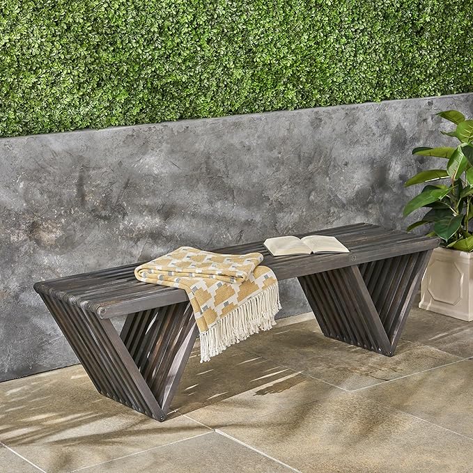 Outdoor Bench - Acacia Wood with Geometric Triangular Design and Open Slat Paneling - Perfect for Modern Outdoor Décor - for Your Patio, Garden, or Deck, Dark Gray