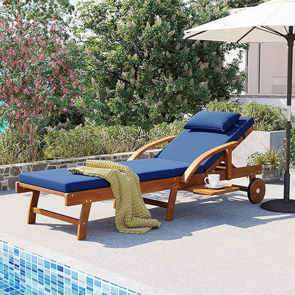 Acacia Wood Outdoor Patio Chaise Lounge, All Weather Reclining Lounge Chairs with Adjustable Backrest& Leg Rest, 2 Wheels, Headrest, Retractable Side Tray for Poolside Garden Beach (Navy-3.17)