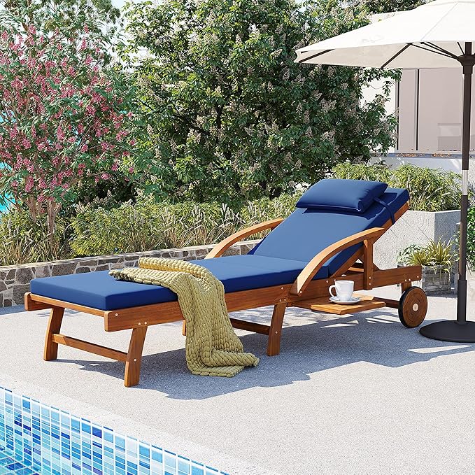 LUMISOL 77.5” Acacia Wood Chaise Lounge Chair, Patio Outdoor Chaise Lounge with Cushions, Adjustable Backrest, Leg Rest, Headrest, Retractable Side Tray for Patio, Pool, Garden, Navy Blue