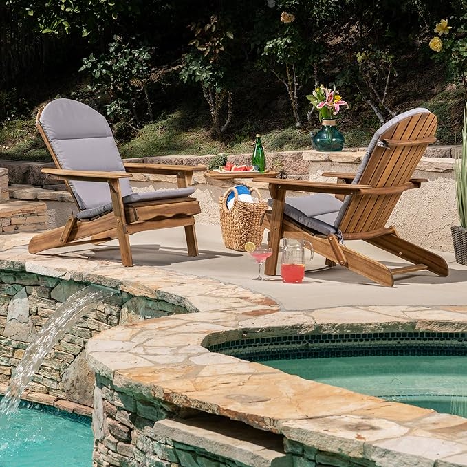Christopher Knight Home 304616 Amenda Outdoor Acacia Wood Folding Adirondack Chairs with Cushions (Set of 2), Natural and Gray