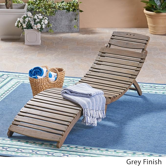 Christopher Knight Home Tycie Outdoor Acacia Wood Foldable Chaise Lounge, Gray Finish