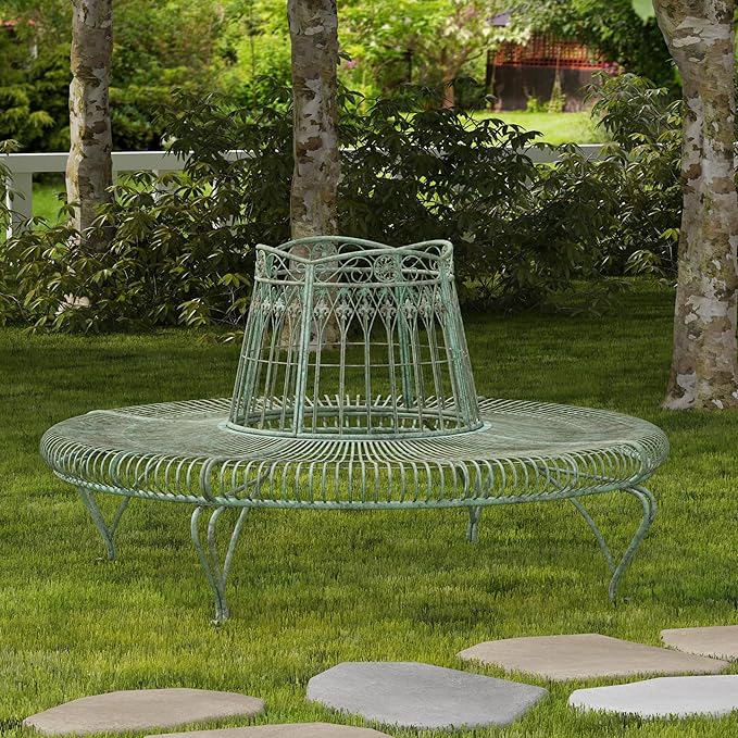 SAFAVIEH Outdoor Collection Ally Darling Antique Dark Green Wrought Iron Tree Bench