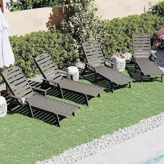 Domi Outdoor Chaise Lounge Chairs Set of 4, HDPE All-Weather Pool Loungers with 5-Position Adjustable Reclining Backrest & Rolling Wheels for Poolside Sunbathing Tanning, Grey