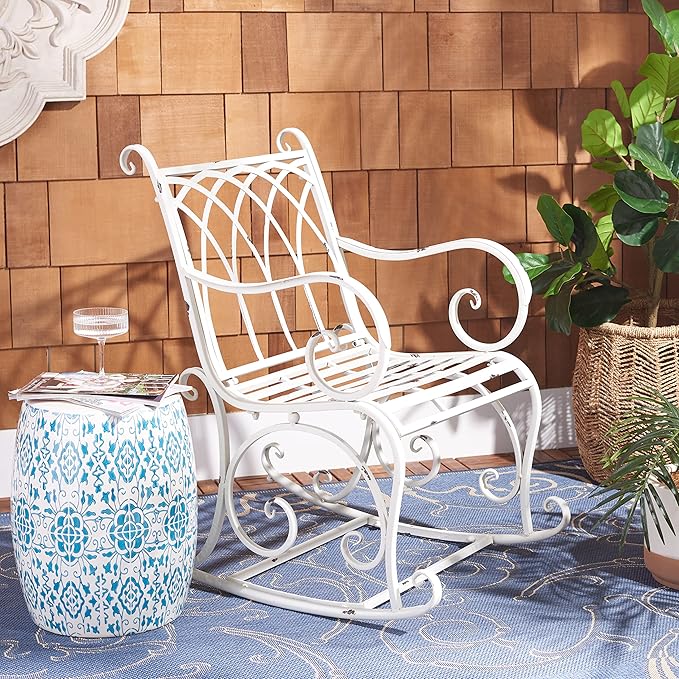 SAFAVIEH Outdoor Collection Medrano Victorian Antique White Wrought Iron Rocking Chair