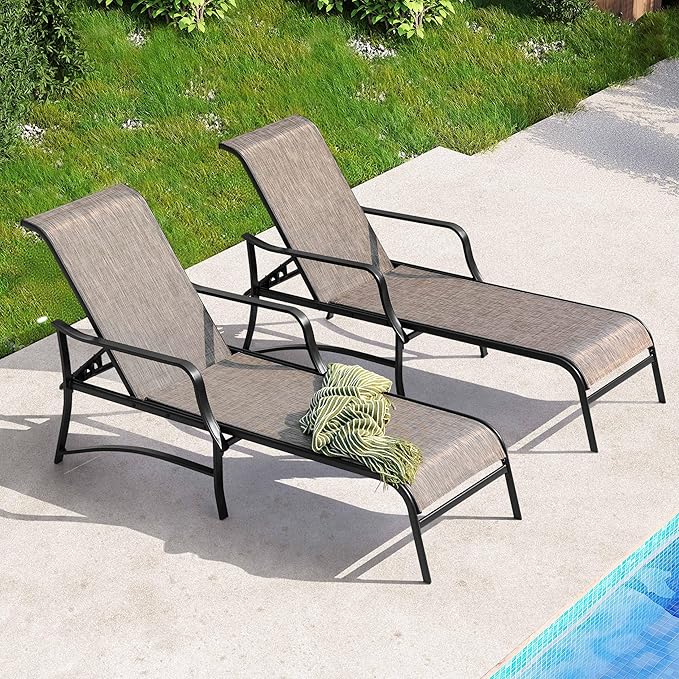 NUU GARDEN Textilene Metal Outdoor Lounge Chairs Set of 2, Adjustable 5-Position Recliner, All-Weather Patio Chaise for Pool, Backyard, Lawn, Beach, Sunbathing–Black Brown
