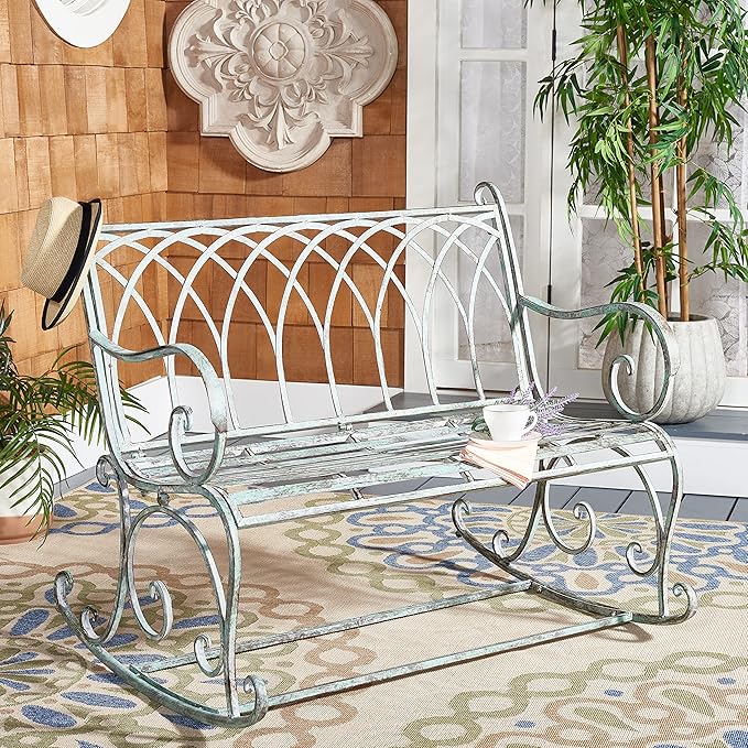 SAFAVIEH Outdoor Collection Ressi Victorian Antique Dark Green Wrought Iron Rock Bench