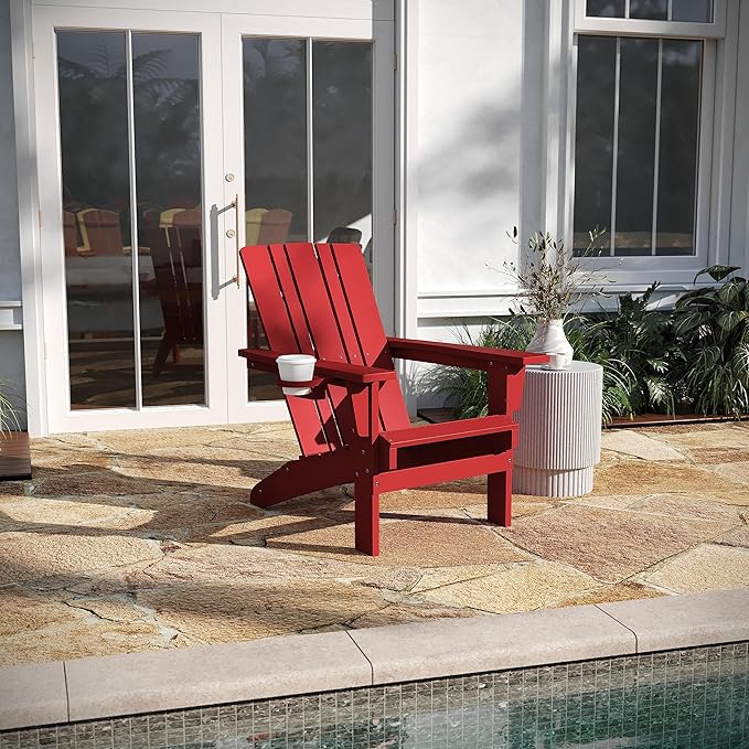 Taylor & Logan Hedley Adirondack Chair with Cup Holder, Weather Resistant HDPE Adirondack Chair in Red
