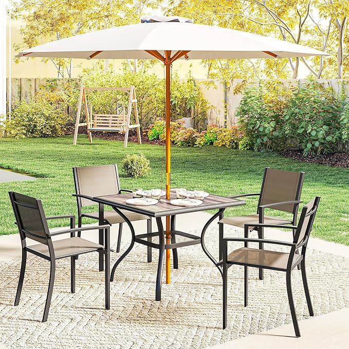 Outsunny Outdoor Dining Table for 4 People, 37" Square Patio Table with Umbrella Hole, Storage Shelf and Faux Wood Top, Metal Frame Outdoor Furniture for Garden, Backyard, Deck, Gray