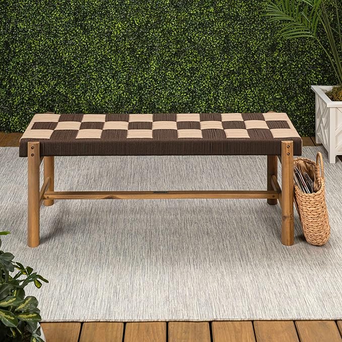 JONATHAN Y BNH202B Denis 48" 2-Seat Backless 700-Lbs Support Acacia Wood Outdoor Bench with Checkerboard Woven Rope Seat for Patio, Garden, Lawn, Backyard, Pool, Deck, Beach, Brown/Beige