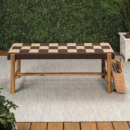 JONATHAN Y BNH202B Denis 48" 2-Seat Backless 700-Lbs Support Acacia Wood Outdoor Bench with Checkerboard Woven Rope Seat for Patio, Garden, Lawn, Backyard, Pool, Deck, Beach, Brown/Beige