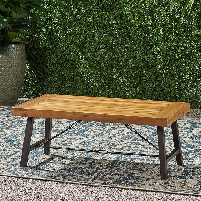 Harper & Bright Designs Outdoor Acacia Wood Coffee Table, Teak Finish/Rustic Metal Brown and Black, 27.25" D x 45.75" W x 18" H