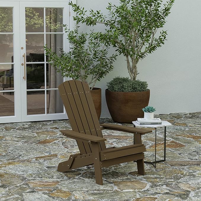 Merrick Lane Riviera Poly Resin Folding Adirondack Lounge Chair - Mahogany - Indoor/Outdoor - Weather Resistant