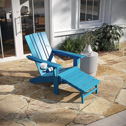 Taylor & Logan Hedley Adirondack Chair with Cup Holder and Pull Out Ottoman, All-Weather HDPE Indoor/Outdoor Lounge Chair in Blue