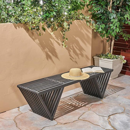 Outdoor Bench - Acacia Wood with Geometric Triangular Design and Open Slat Paneling - Perfect for Modern Outdoor Décor - for Your Patio, Garden, or Deck, Dark Gray