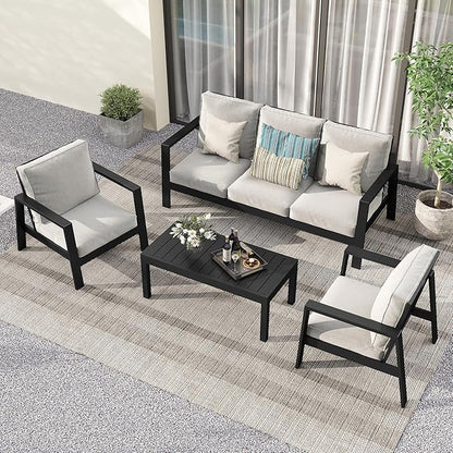 Wisteria Lane Aluminum Outdoor Coffee Table, Water-Resistant Metal Patio Side Table with Slatted Top, Modern Rectangular Outdoor Coffee Tables for Deck Porch Garden Poolside, Black
