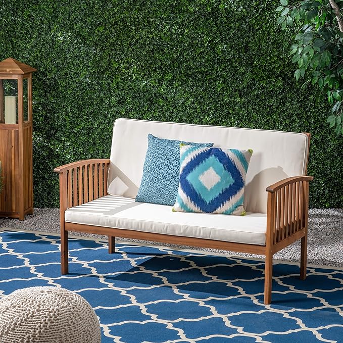 Christopher Knight Home Grace Outdoor Acacia Wood Loveseat, Brown Patina Finish and Cream - Photo 1