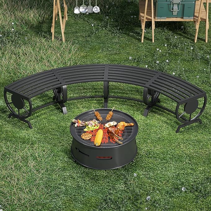 Outdoor Bench Patio Outdoor Garden Bench with Built-in Table, Wagon Wheel Arms - Photo 7