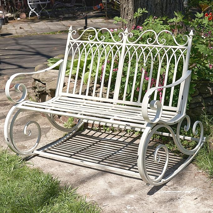 Zaer Ltd. Outdoor Metal Rocking Arm Chair/Bench (Bench, Antique White)