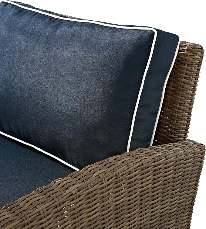 Crosley Furniture Bradenton Outdoor Sectional Right Side Loveseat, 2-Person Wicker Patio Couch for Deck, Brown with Navy Cushions