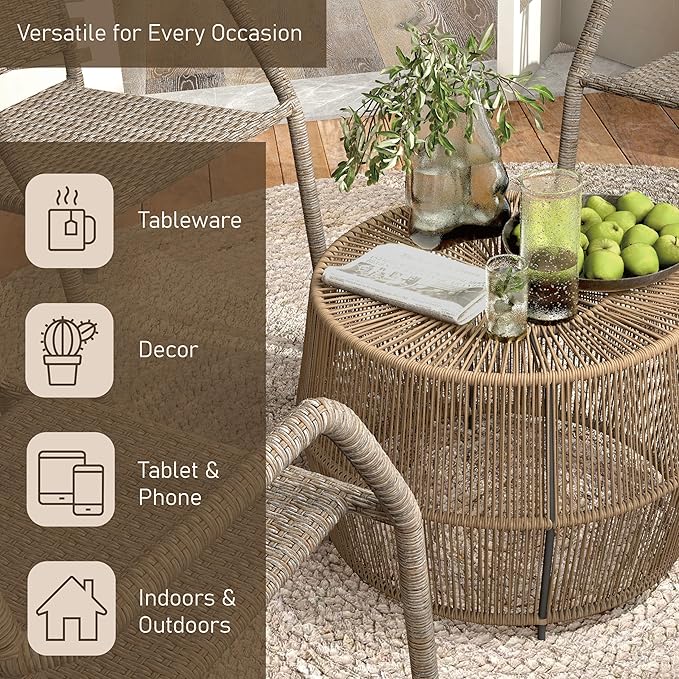 Furniture of America Ysar Boho Rattan Round Coffee Table Outdoor with Metal Frame, All-Weather and Rust Resistant - Photo 7