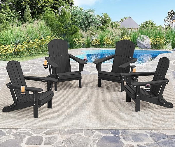 SERWALL HDPE Folding Adirondack Chair with Dual Cup Holder - Composite Adirondack Chair Set of 4- Black - Photo 1