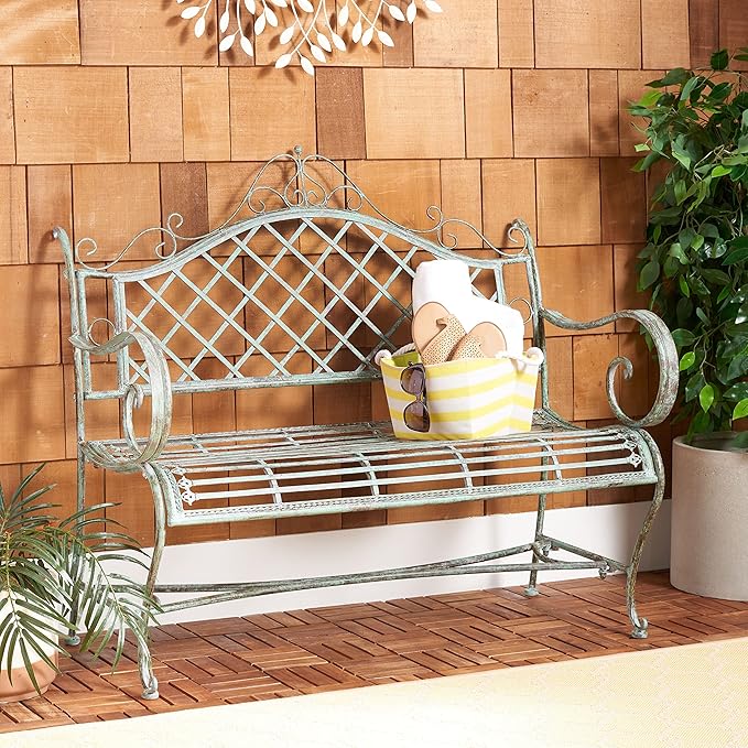 SAFAVIEH Outdoor Collection Abner Victorian Antique Dark Green Wrought Iron 46-inch Wide Garden Bench - Photo 2