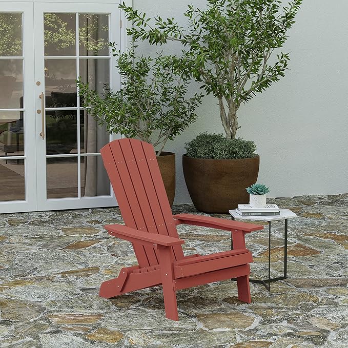 Merrick Lane Riviera Poly Resin Folding Adirondack Lounge Chair - Red - Indoor/Outdoor - Weather Resistant