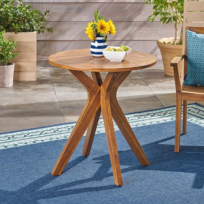 Merax Outdoor Coffee Table 27.5" Round Acacia Wood Patio Side Table, X-Shaped Base Support, Slat Tabletop Design, Teak