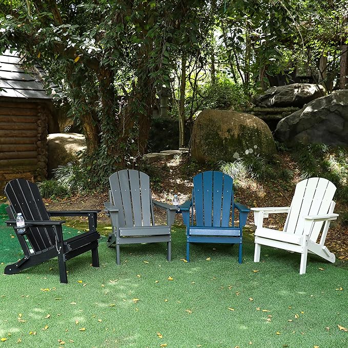 Folding Adirondack Chair with Dual Cup Holder, HDPE Composite Adirondack Chair with Wood Texture, Patio Chairs, Lawn Chairs, Outdoor Chair for Deck, Backyard, Garden (Black)