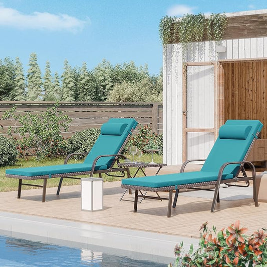 ALAULM 3 Pieces Outdoor Chaise Lounge Set Rattan Wicker Adjustable Pool Lounge Chair w/Folding Table,Patio Armrest Recliner for Beach, Poolside,Blue
